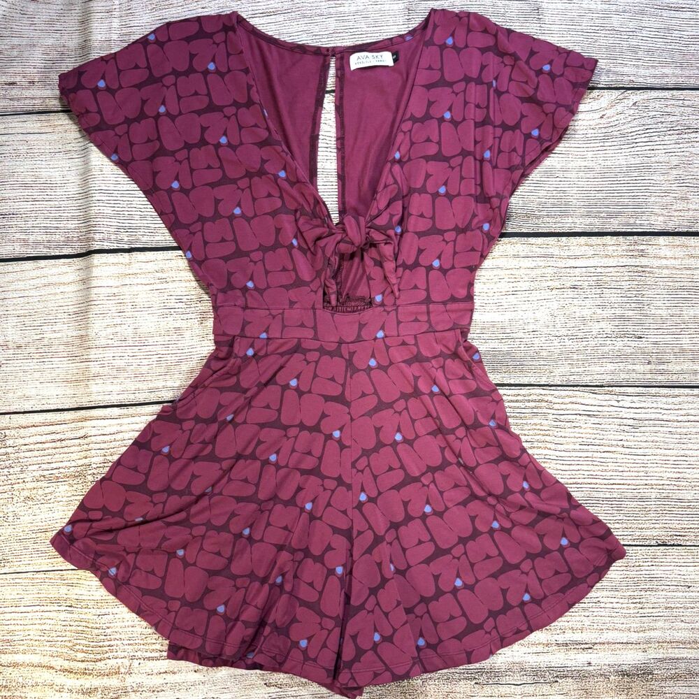 AVA SKY Deep V-Neck Romper with Abstract Print Size Small
